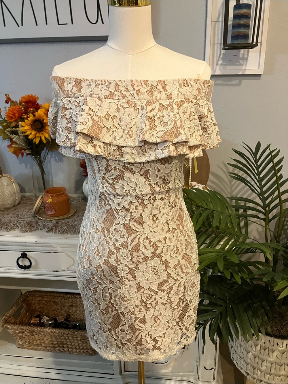 Mustard Seed Ivory Strapless Lace Ruffle Dress